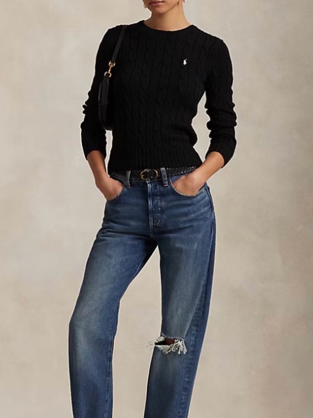 Polo Ralph Lauren 100% Cotton Cable-Knit Crewneck Sweater - Black / White Pony